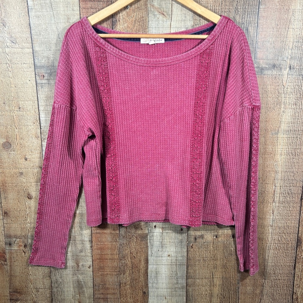 Rewind XL Waffle Knit Top Pink Lace Trim Boho Long Sleeve Oversized Mixed Media - Picture 2 of 6
